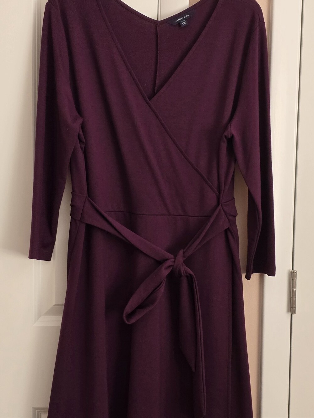 Lands' End Plum Purple Faux Wrap Knit Midi Dress L 14/16